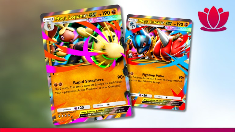 Pokémon Pocket cards showing Mega Lopunny and Mega Lucario on a blurred background.
