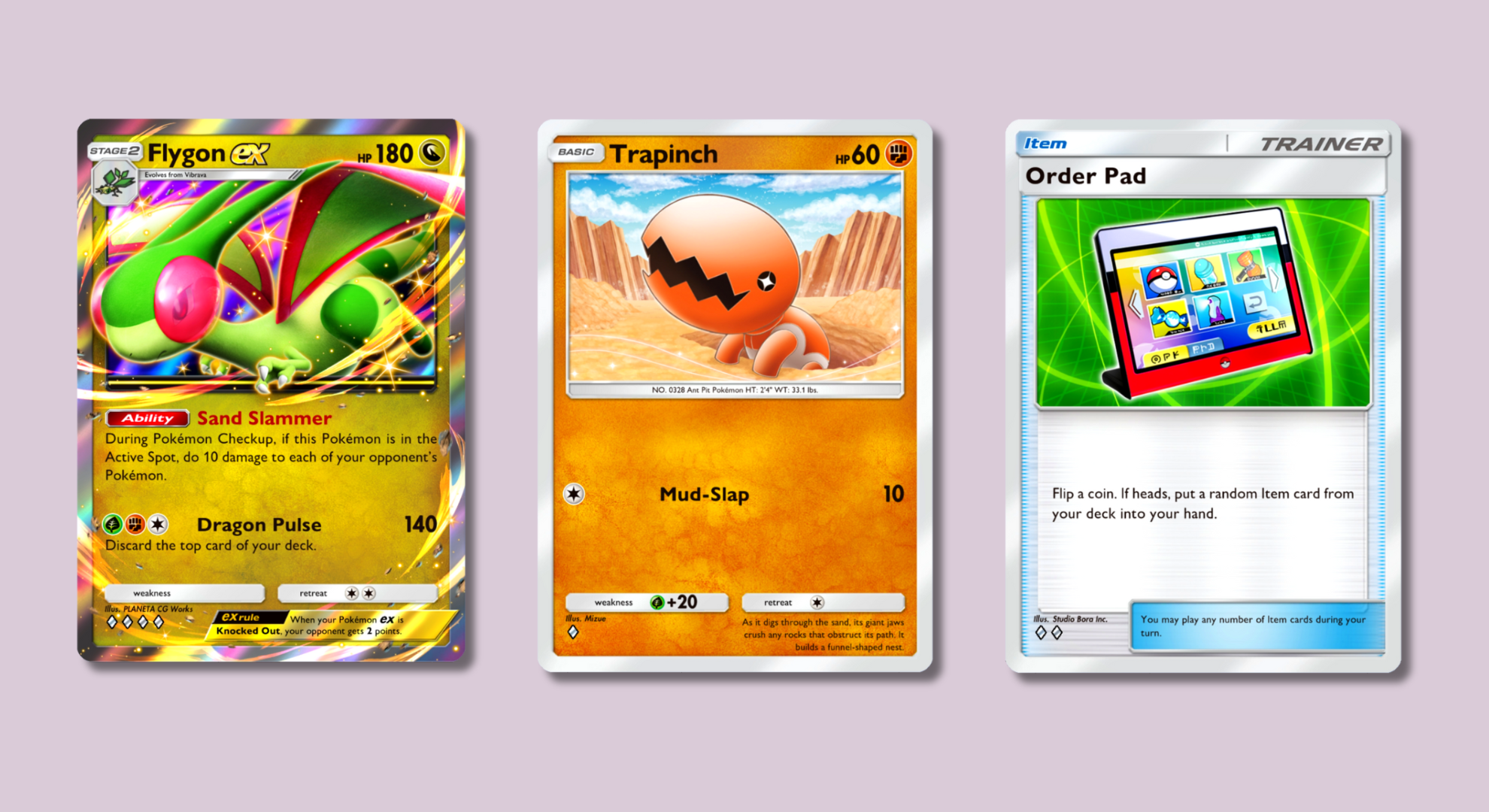 Pokémon Pocket cards showing Flygon, Trapinch, and an Order Pad.