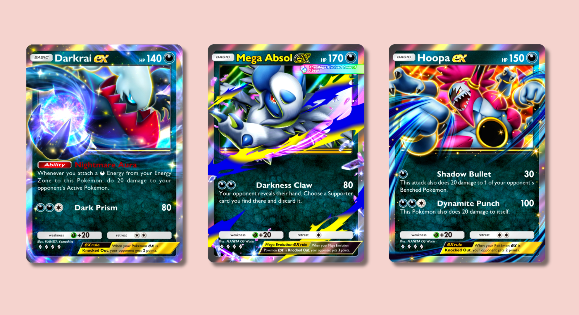 Pokémon Pocket cards showing Darkrai, Mega Absol, and Hoopa.