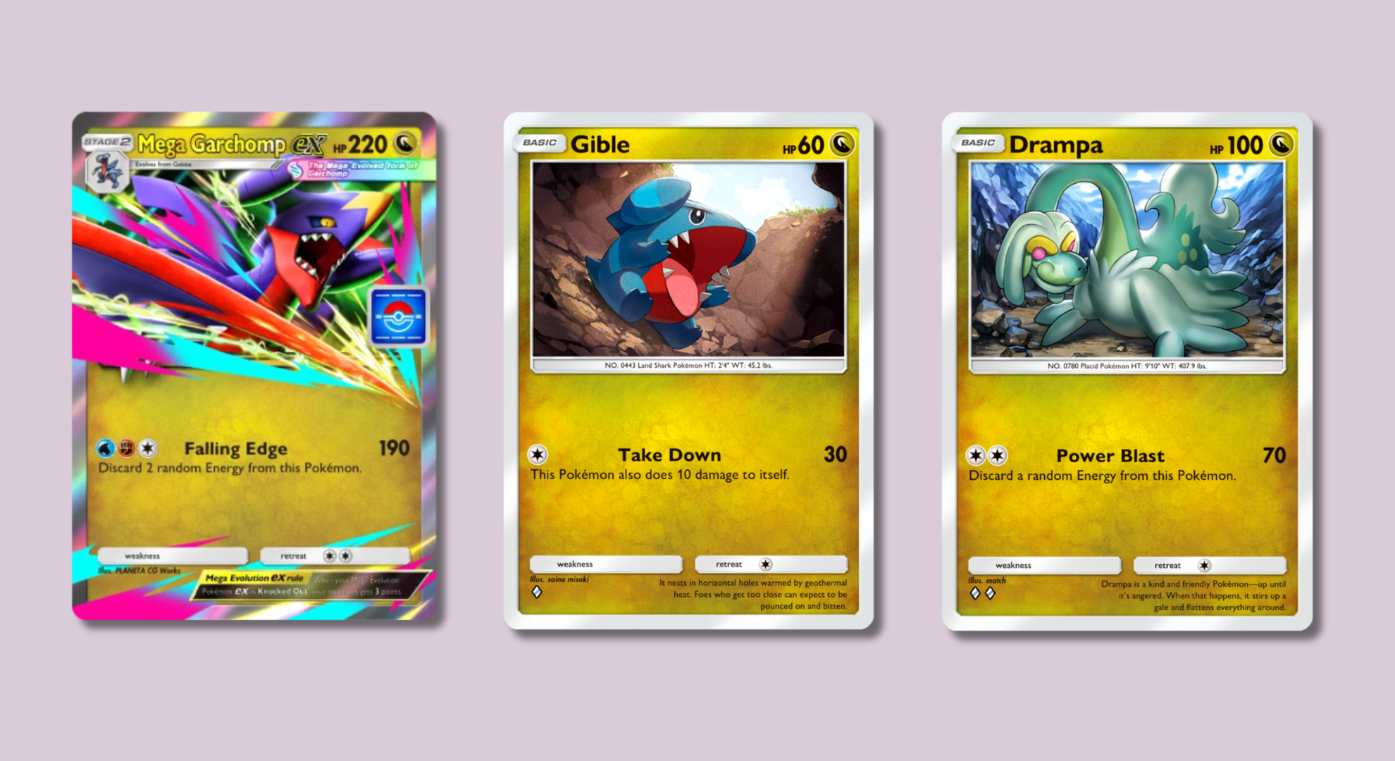 Pokémon Pocket cards showing Mega Garchomp, Gible, and Drampa.