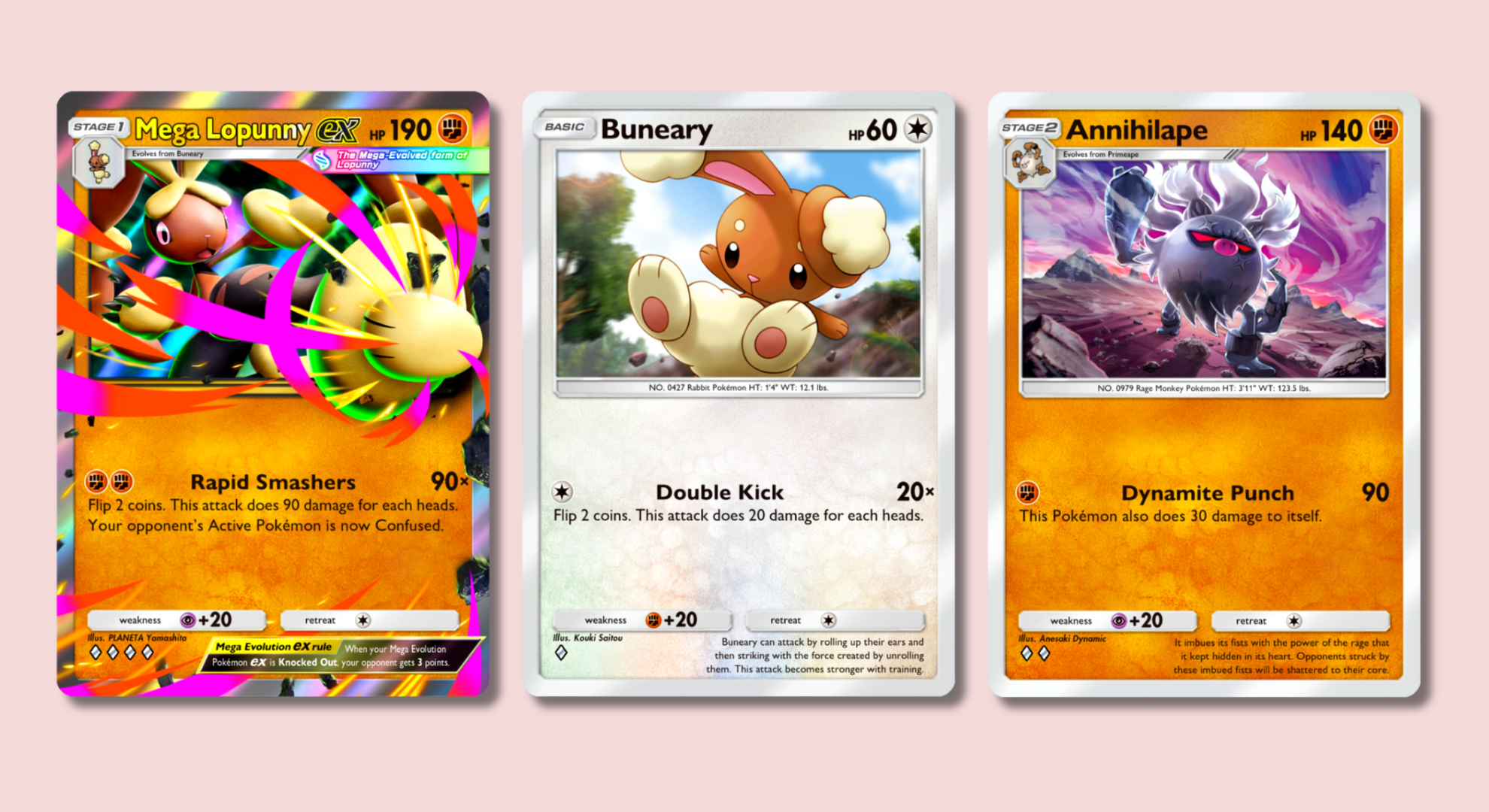 Pokémon Pocket cards on a pink background showing Mega Lopunny, Buneary, and Annihilape.