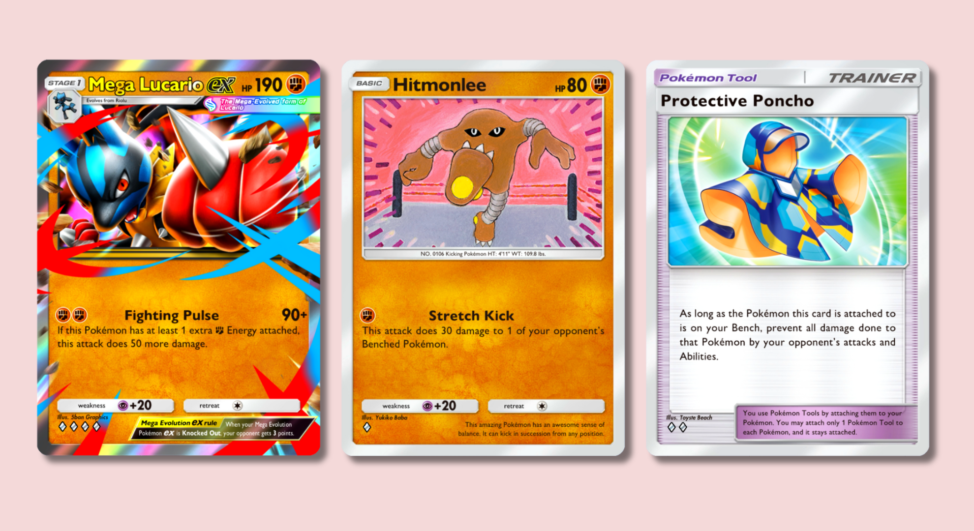 Pokémon Pocket cards on a pink background showing Mega Lucario, Hitmonlee, and Protective Poncho.