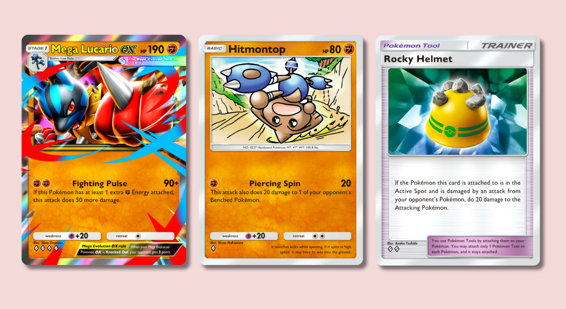 Pokémon Pocket cards on a pink background showing Mega Lucario, Hitmontop, and Rocky Helmet.