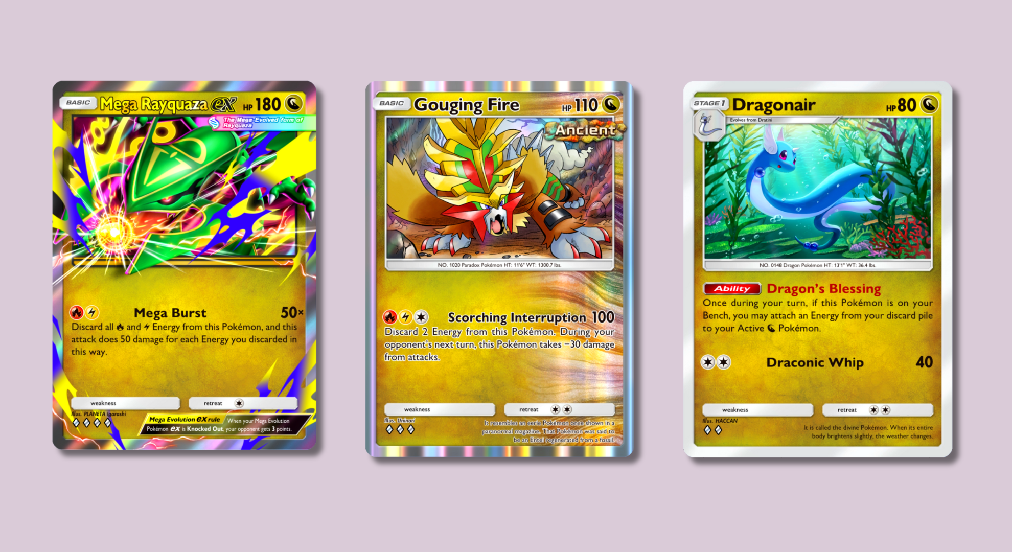 Pokémon Pocket cards showing Mega Rayquaza, Gouging Fire, and Dragonair.