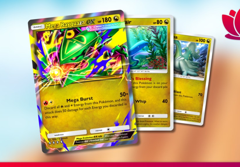 Pokémon Pocket cards showing Dragon type Pokemon in a spread with a blurry background.