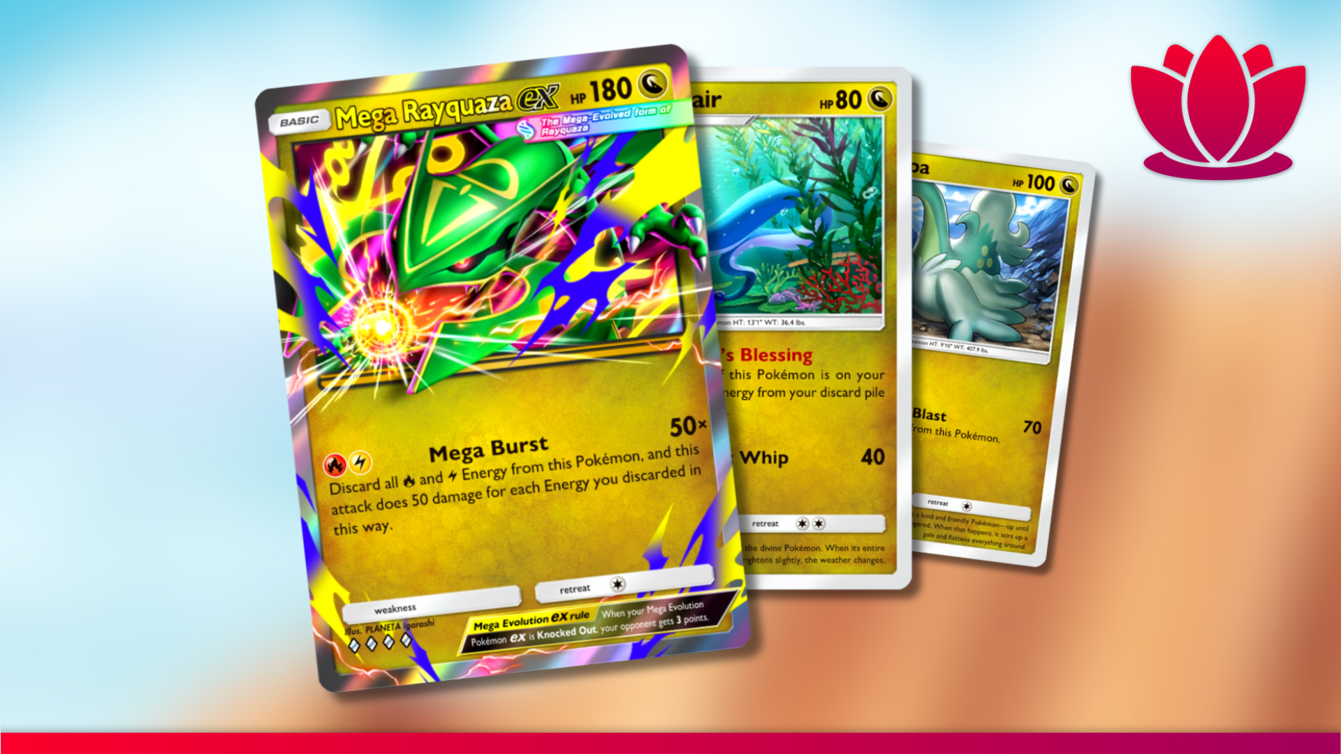 Pokémon Pocket cards showing Dragon type Pokemon in a spread with a blurry background.