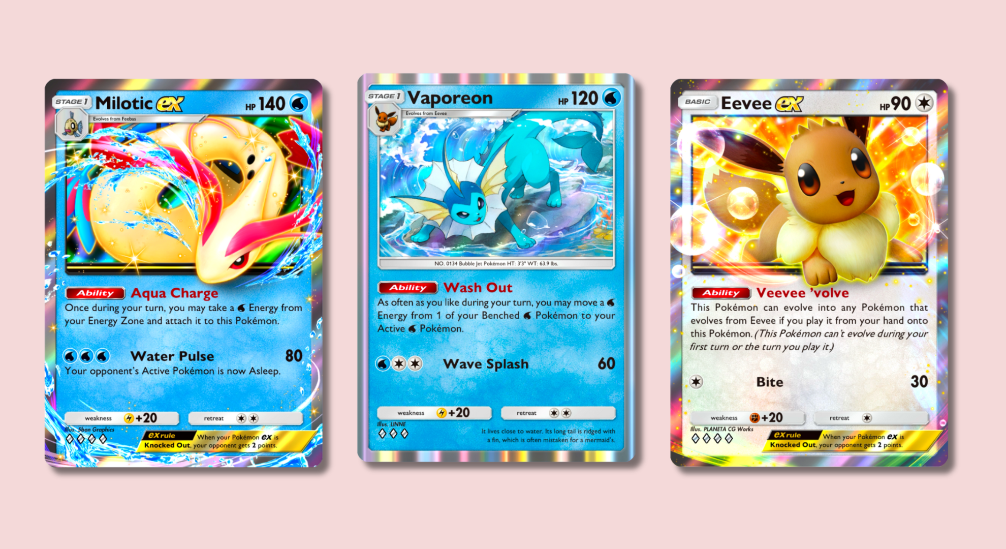 Pokémon TCG Pocket cards showing Milotic, Vaporeon, and Eevee.