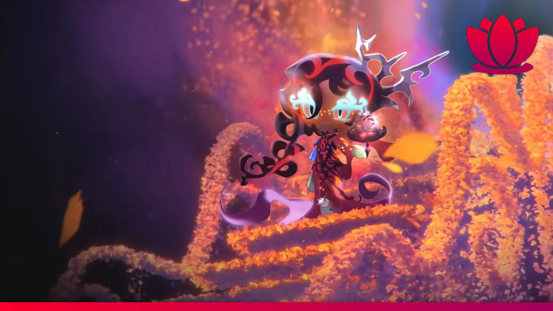 Nether Queen Cookie from Cookie Run: Kingdom walking down floral stairs.