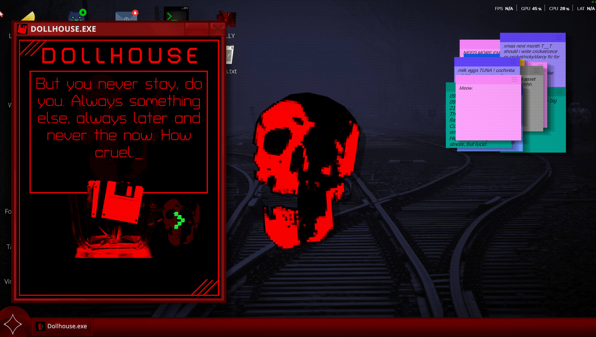 Oneway.exe screenshot showing a desktop with a red skull and pop-up windows.