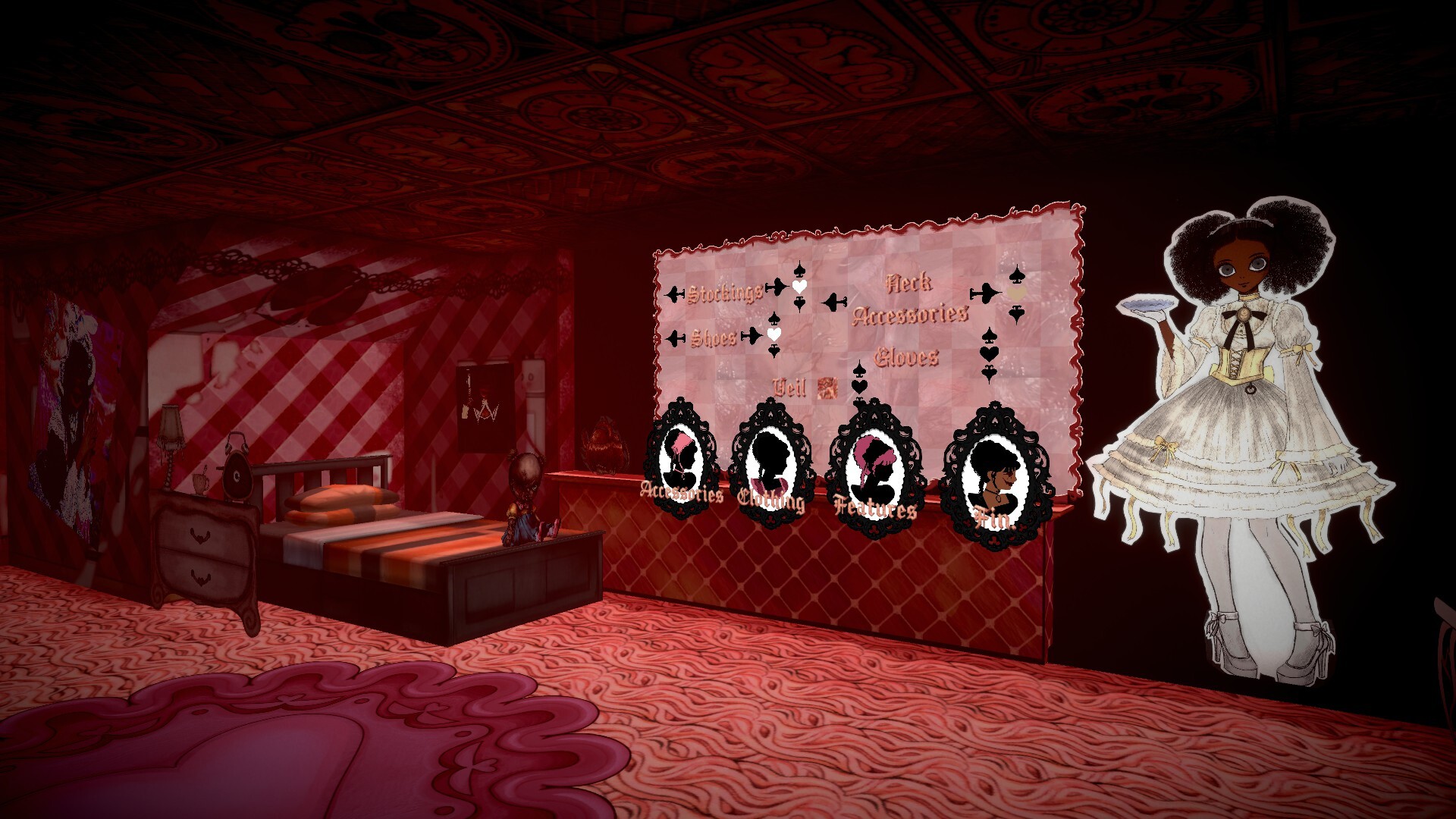 Oneway.exe screenshot showing a dark room with a dress-up game.