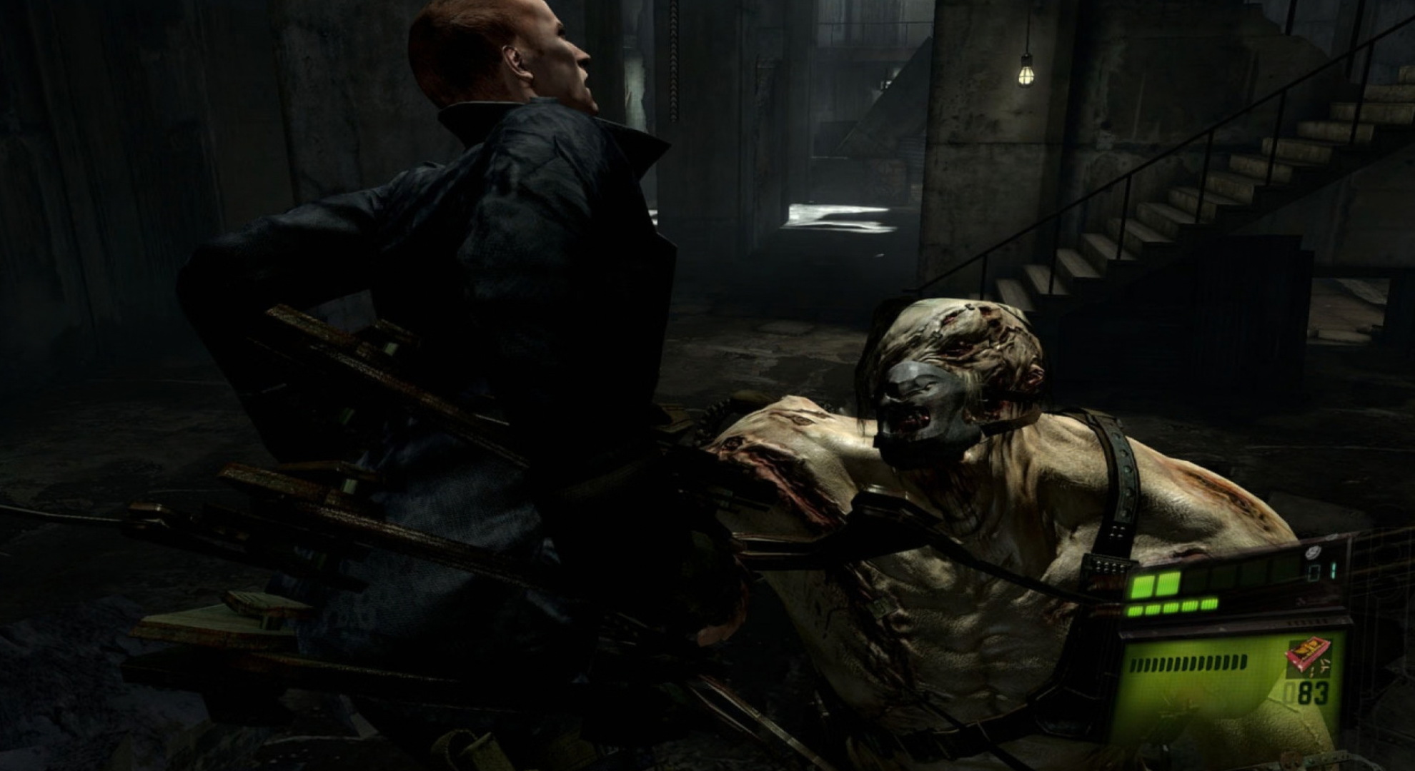 Gameplay screenshot of Resident Evil 6 showing a dark battle.