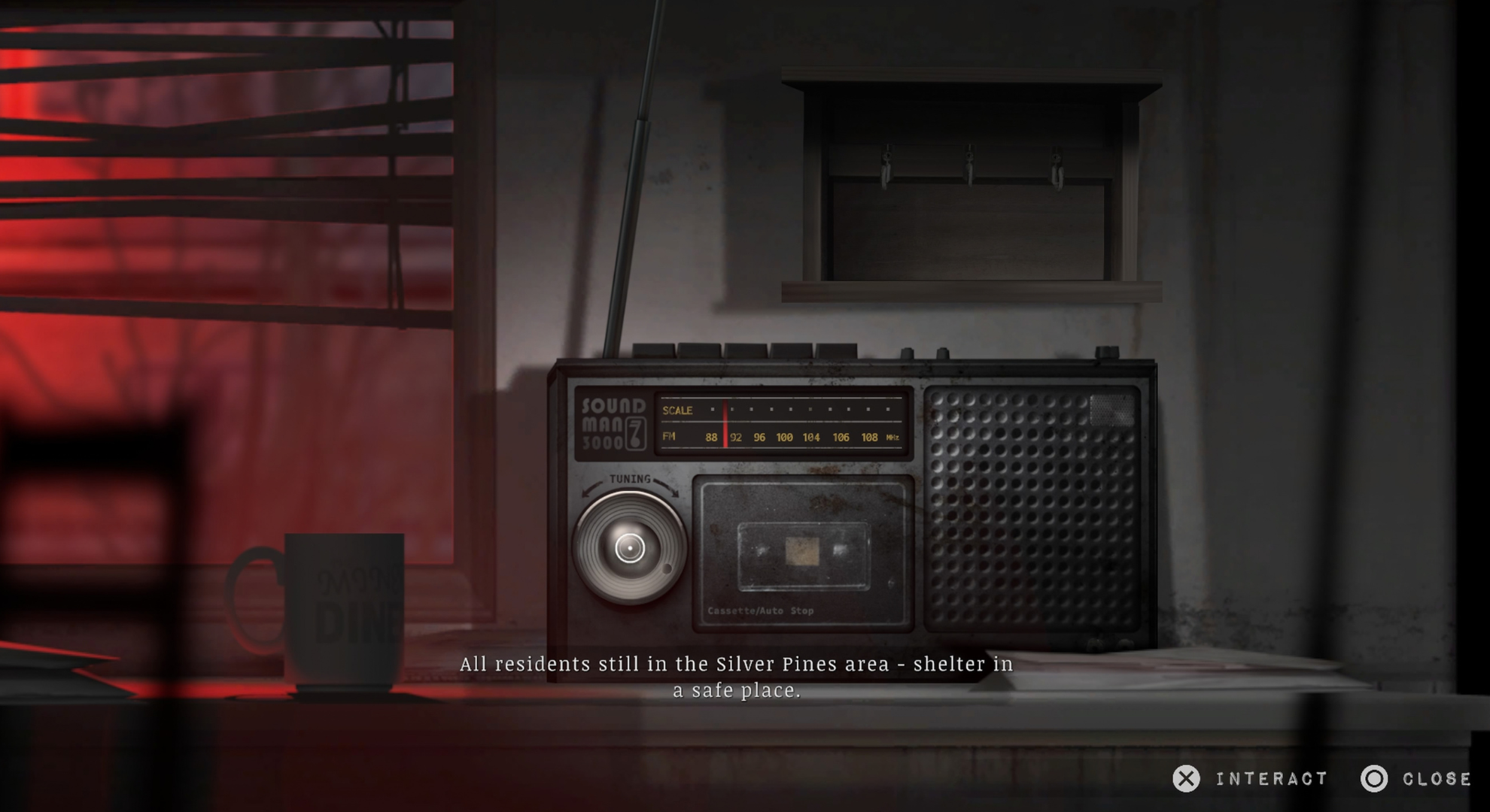 Silver Pines gameplay screenshot showing the radio playing an evacuation notice.