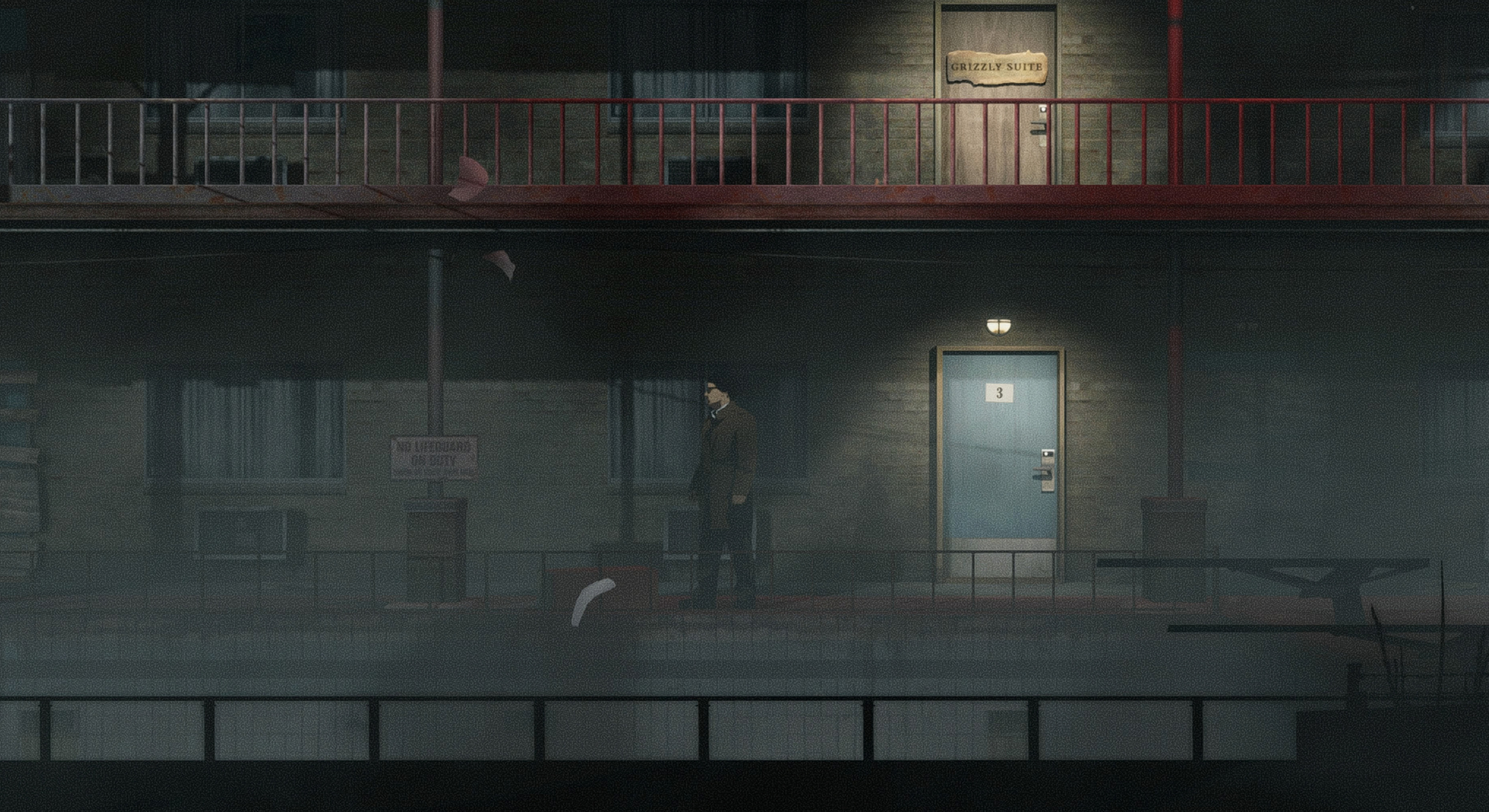 Silver Pines gameplay screenshot showing The Crimson Bear Motel.