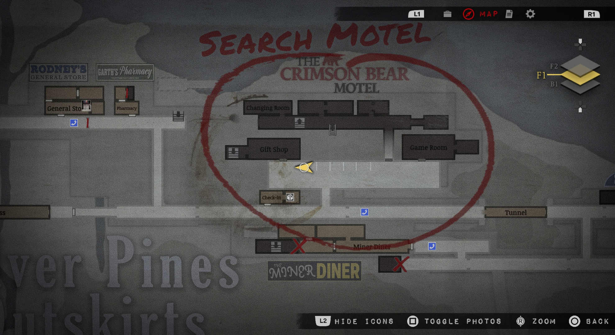 Silver Pines gameplay screenshot showing an annotated map.
