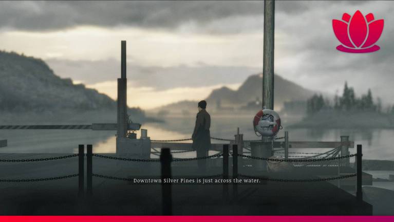 Silver Pines gameplay screenshot showing Walker looking out over the water at Silver Pines.