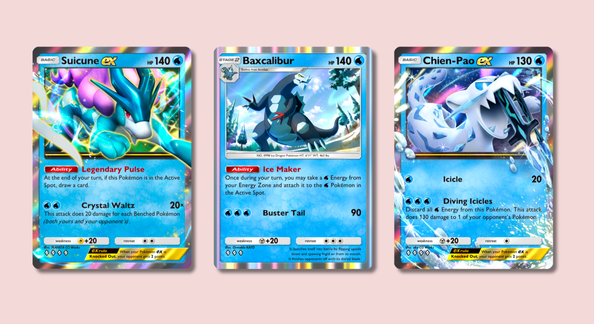 Pokémon TCG Pocket cards showing Suicune, Baxcalibur, and Chien Pao.