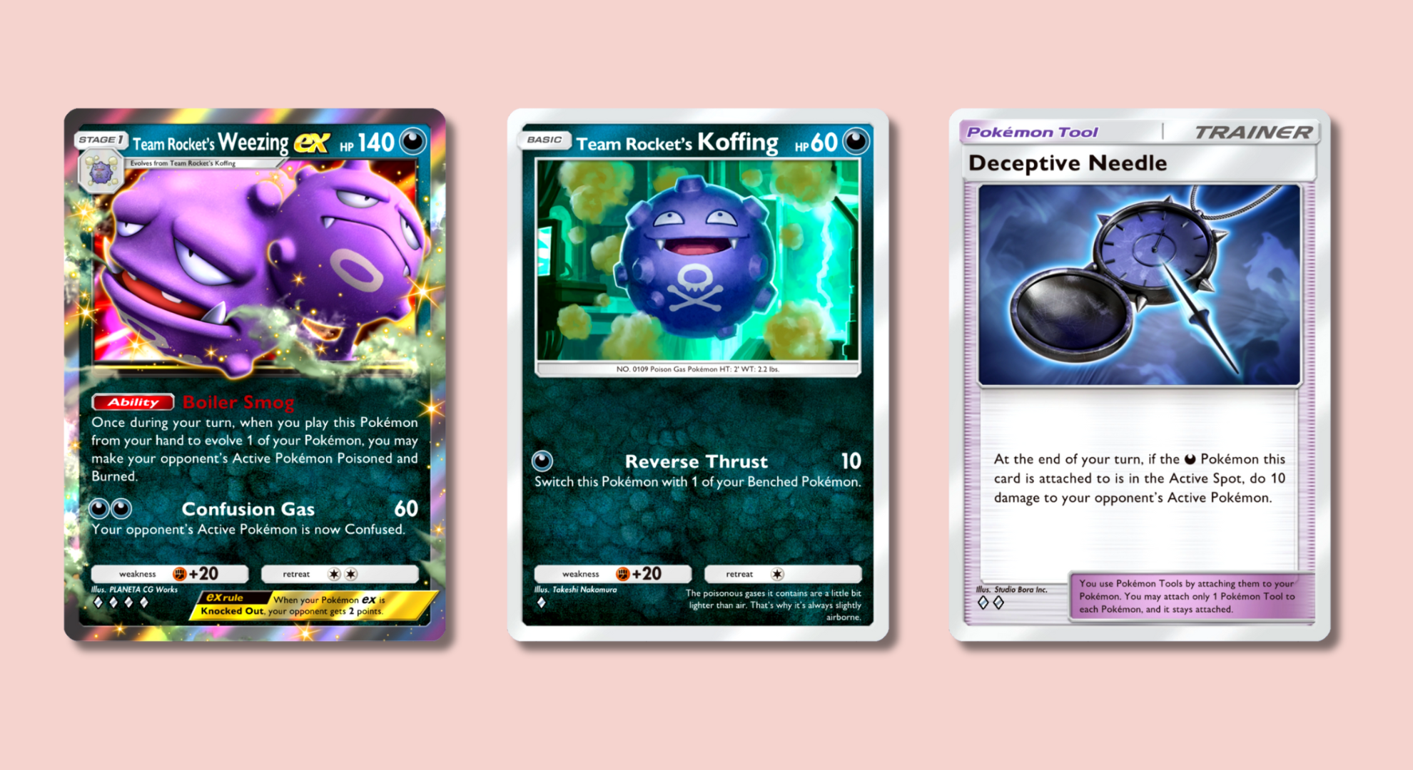 Pokémon Pocket cards showing Weezing, Koffing, and Deceptive Needle.